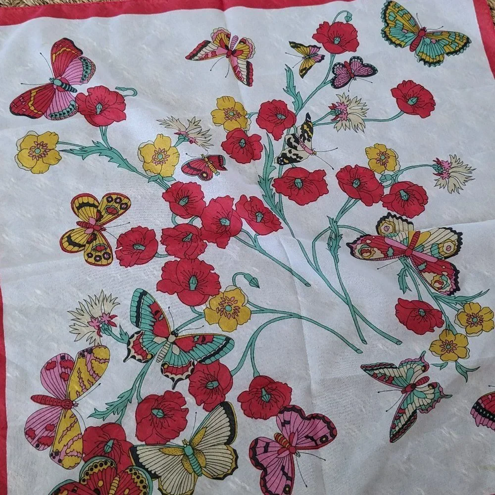 VTG Polyester Butterfly Scarf - From Italy - RN24409 - Red, white, yellow